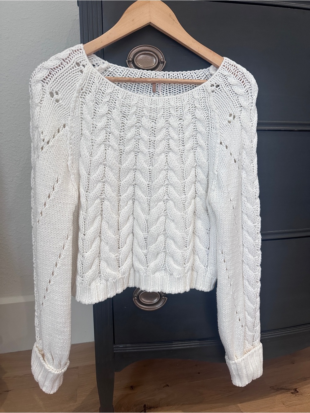 Free People Sandre Ivory Cable-Knit Crew Sweater Small